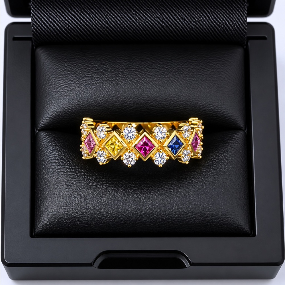 Gold Over 925 Sterling Silver Multicolor CZ Eternity Band Ring Size 6 or 9